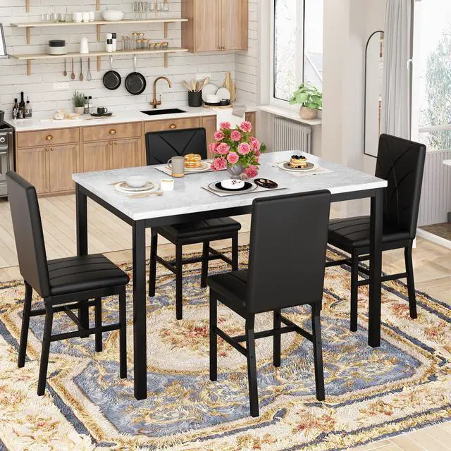 Alt view image 6 of 6 - Dining Table Set for 4 Faux Marble Kitchen Table and Chairs Set of 4,5 Piece with PU Leather Upholstered Dinner Chairs for Compact Dining Room,Small Space,Black