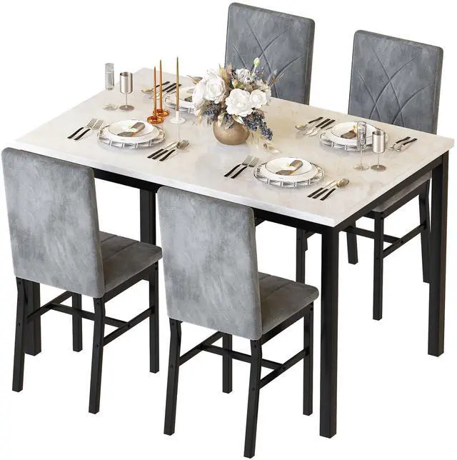 Main image of Dining Table Set for 4 Faux Marble Kitchen Table and Chairs Set of 4,5 Piece with Velvet Upholstered Dinner Chairs for Compact Dining Room,Small Space,Grey