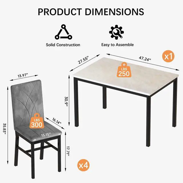 Alt view image 2 of 6 - Dining Table Set for 4 Faux Marble Kitchen Table and Chairs Set of 4,5 Piece with Velvet Upholstered Dinner Chairs for Compact Dining Room,Small Space,Grey