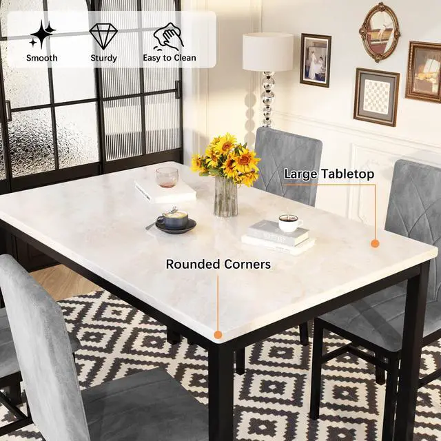 Alt view image 3 of 6 - Dining Table Set for 4 Faux Marble Kitchen Table and Chairs Set of 4,5 Piece with Velvet Upholstered Dinner Chairs for Compact Dining Room,Small Space,Grey