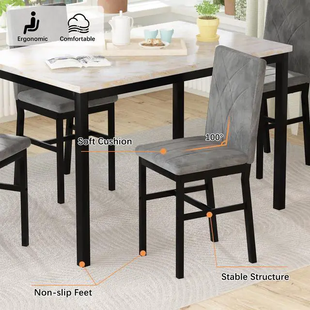 Alt view image 4 of 6 - Dining Table Set for 4 Faux Marble Kitchen Table and Chairs Set of 4,5 Piece with Velvet Upholstered Dinner Chairs for Compact Dining Room,Small Space,Grey
