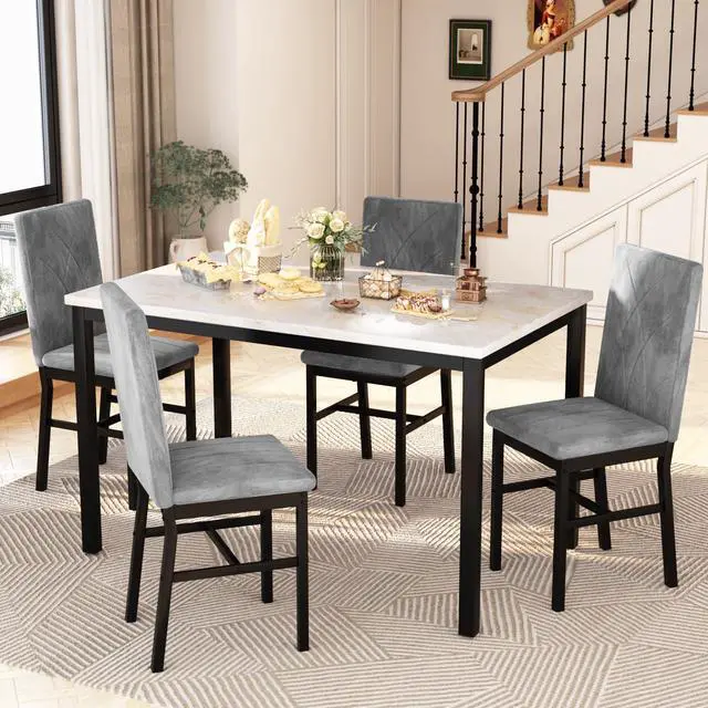 Alt view image 5 of 6 - Dining Table Set for 4 Faux Marble Kitchen Table and Chairs Set of 4,5 Piece with Velvet Upholstered Dinner Chairs for Compact Dining Room,Small Space,Grey