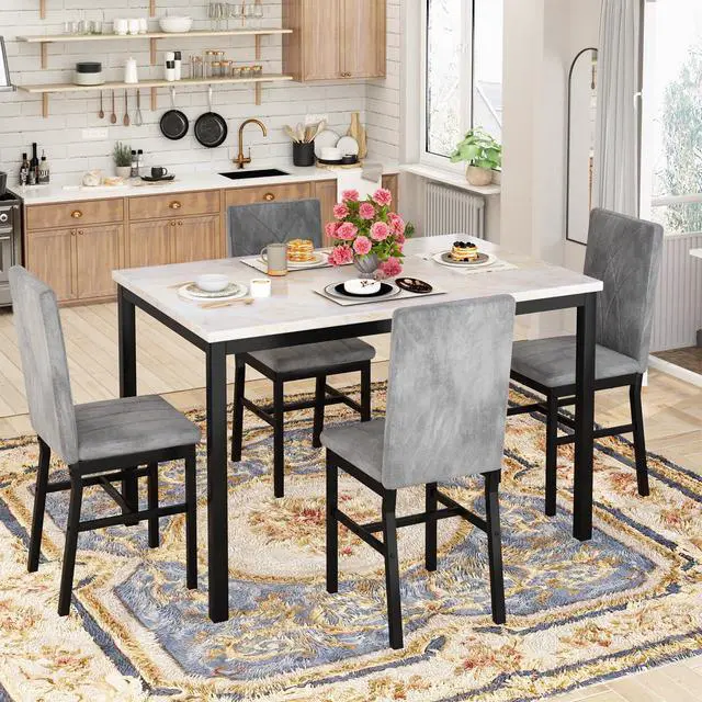 Alt view image 6 of 6 - Dining Table Set for 4 Faux Marble Kitchen Table and Chairs Set of 4,5 Piece with Velvet Upholstered Dinner Chairs for Compact Dining Room,Small Space,Grey