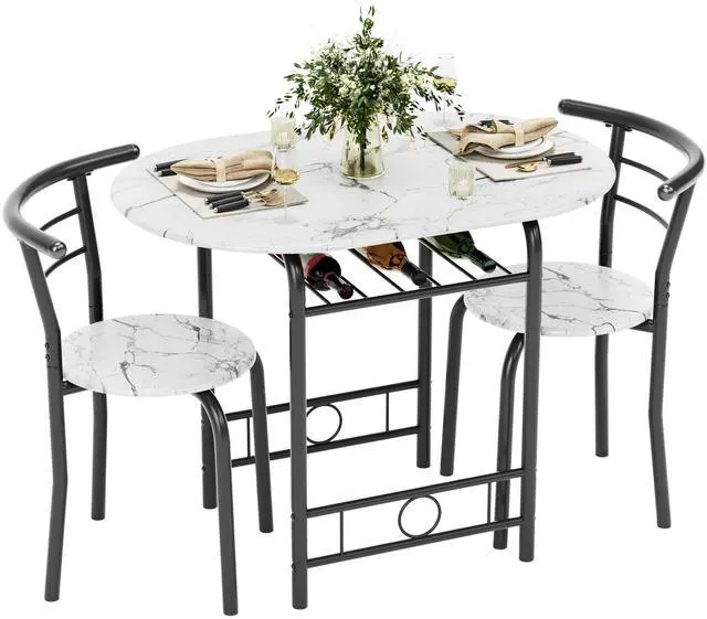 Main image of Dining Table for 2, 3 Piece Round Table & Chair Set, Small Kitchen Table for Breakfast Nook, Wood Grain Tabletop & Built-in Storage Rack, Space Saving for Kitchen, Dining Room (White & Black)