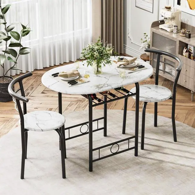 Alt view image 2 of 6 - Dining Table for 2, 3 Piece Round Table & Chair Set, Small Kitchen Table for Breakfast Nook, Wood Grain Tabletop & Built-in Storage Rack, Space Saving for Kitchen, Dining Room (White & Black)
