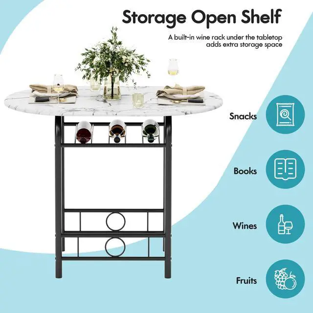 Alt view image 3 of 6 - Dining Table for 2, 3 Piece Round Table & Chair Set, Small Kitchen Table for Breakfast Nook, Wood Grain Tabletop & Built-in Storage Rack, Space Saving for Kitchen, Dining Room (White & Black)