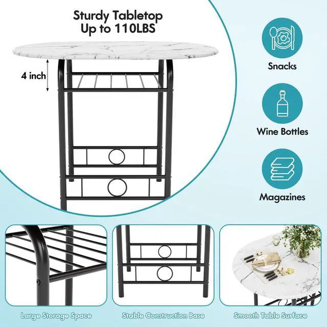Alt view image 4 of 6 - Dining Table for 2, 3 Piece Round Table & Chair Set, Small Kitchen Table for Breakfast Nook, Wood Grain Tabletop & Built-in Storage Rack, Space Saving for Kitchen, Dining Room (White & Black)