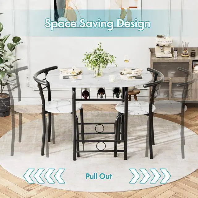 Alt view image 5 of 6 - Dining Table for 2, 3 Piece Round Table & Chair Set, Small Kitchen Table for Breakfast Nook, Wood Grain Tabletop & Built-in Storage Rack, Space Saving for Kitchen, Dining Room (White & Black)
