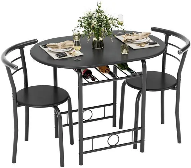 Main image of Dining Table for 2, 3 Piece Round Table & Chair Set, Small Kitchen Table for Breakfast Nook, Wood Grain Tabletop and Built-in Storage Rack, Space Saving for Kitchen, Dining Room (Black)