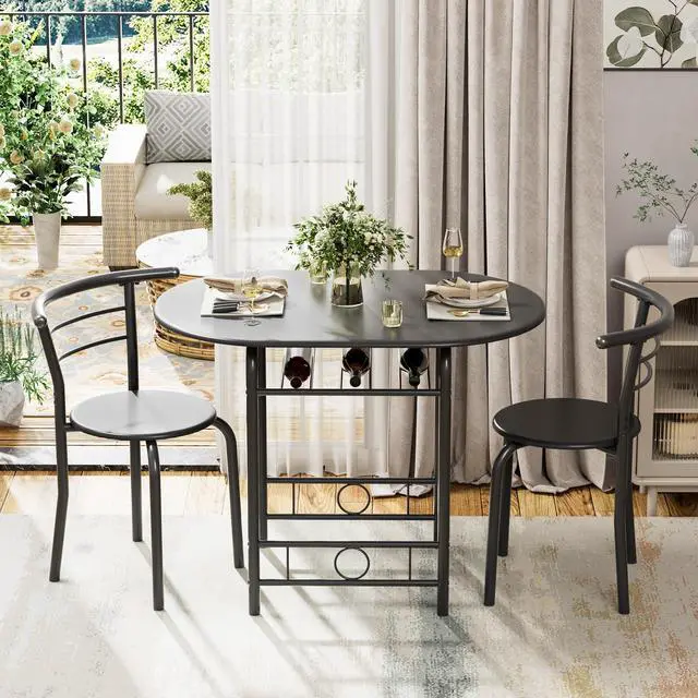 Alt view image 2 of 6 - Dining Table for 2, 3 Piece Round Table & Chair Set, Small Kitchen Table for Breakfast Nook, Wood Grain Tabletop and Built-in Storage Rack, Space Saving for Kitchen, Dining Room (Black)