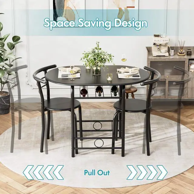 Alt view image 4 of 6 - Dining Table for 2, 3 Piece Round Table & Chair Set, Small Kitchen Table for Breakfast Nook, Wood Grain Tabletop and Built-in Storage Rack, Space Saving for Kitchen, Dining Room (Black)