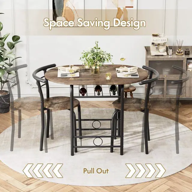 Alt view image 4 of 6 - Dining Table for 2, 3 Piece Round Table & Chair Set, Small Kitchen Table for Breakfast Nook, Wood Grain Tabletop and Built-in Storage Rack, Space Saving for Kitchen, Dining Room (Walnut)