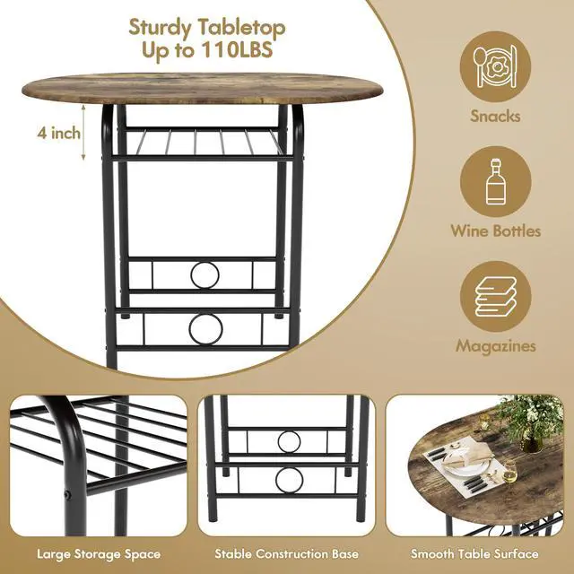 Alt view image 5 of 6 - Dining Table for 2, 3 Piece Round Table & Chair Set, Small Kitchen Table for Breakfast Nook, Wood Grain Tabletop and Built-in Storage Rack, Space Saving for Kitchen, Dining Room (Walnut)