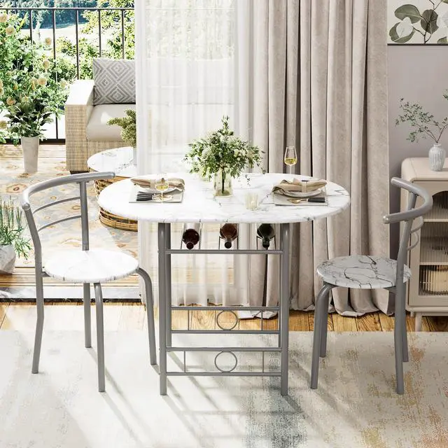 Alt view image 2 of 6 - Dining Table for 2, 3 Piece Round Table & Chair Set, Small Kitchen Table for Breakfast Nook, Wood Grain Tabletop and Built-in Storage Rack, Space Saving for Kitchen, Dining Room (White)