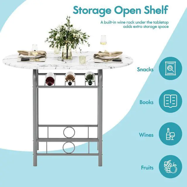 Alt view image 3 of 6 - Dining Table for 2, 3 Piece Round Table & Chair Set, Small Kitchen Table for Breakfast Nook, Wood Grain Tabletop and Built-in Storage Rack, Space Saving for Kitchen, Dining Room (White)