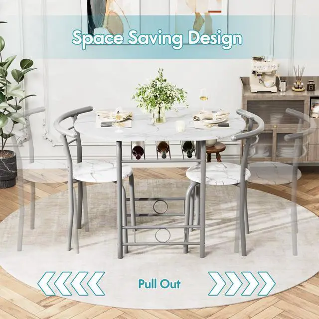 Alt view image 4 of 6 - Dining Table for 2, 3 Piece Round Table & Chair Set, Small Kitchen Table for Breakfast Nook, Wood Grain Tabletop and Built-in Storage Rack, Space Saving for Kitchen, Dining Room (White)