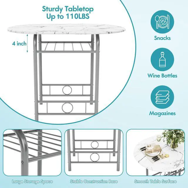 Alt view image 5 of 6 - Dining Table for 2, 3 Piece Round Table & Chair Set, Small Kitchen Table for Breakfast Nook, Wood Grain Tabletop and Built-in Storage Rack, Space Saving for Kitchen, Dining Room (White)