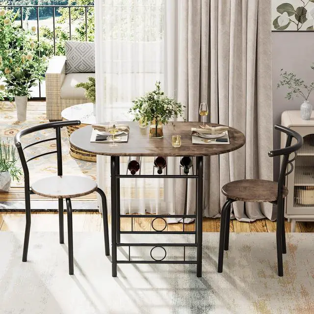 Alt view image 2 of 6 - Dining Table for 2, 3 Piece Round Table & Chair Set, Small Kitchen Table for Breakfast Nook, Wood Grain Tabletop and Built-in Storage Rack, Space Saving for Kitchen, Dining Room (Brown)