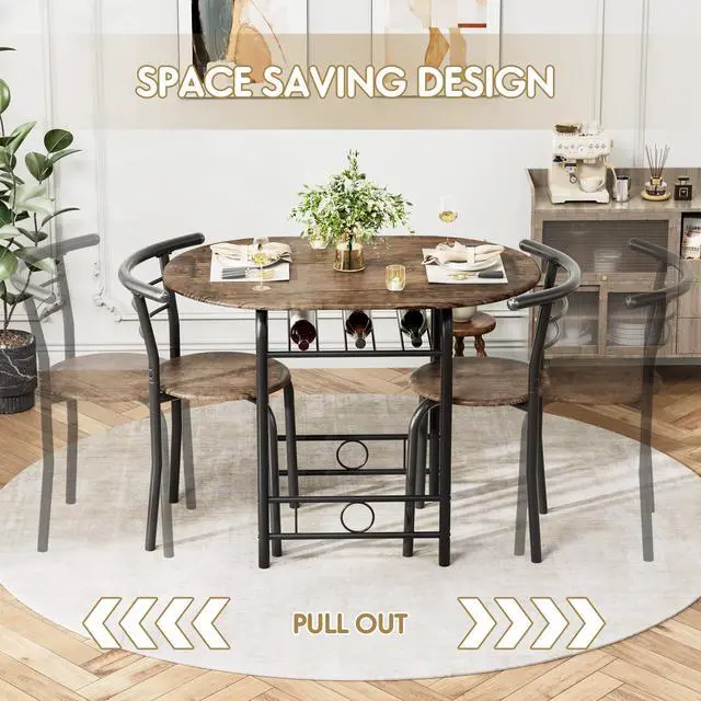 Alt view image 4 of 6 - Dining Table for 2, 3 Piece Round Table & Chair Set, Small Kitchen Table for Breakfast Nook, Wood Grain Tabletop and Built-in Storage Rack, Space Saving for Kitchen, Dining Room (Brown)
