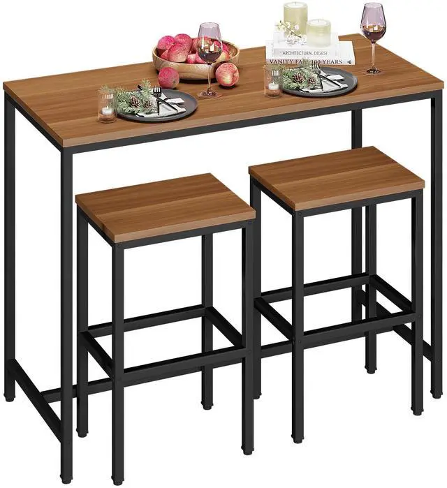 Main image of 3 Piece Bar Table Set, Bar Table and Chairs Set of 2, Modern Counter Height Table with 2 Stools for Kitchen, Dining Room, Living Room Breakfast Table Industrial Brown Wood Top