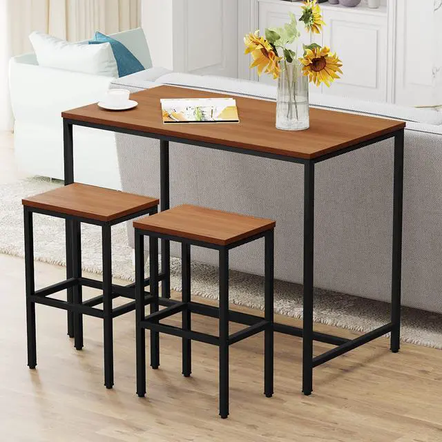 Alt view image 2 of 6 - 3 Piece Bar Table Set, Bar Table and Chairs Set of 2, Modern Counter Height Table with 2 Stools for Kitchen, Dining Room, Living Room Breakfast Table Industrial Brown Wood Top