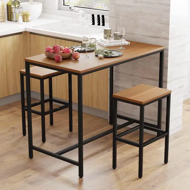 Alt view image 3 of 6 - 3 Piece Bar Table Set, Bar Table and Chairs Set of 2, Modern Counter Height Table with 2 Stools for Kitchen, Dining Room, Living Room Breakfast Table Industrial Brown Wood Top