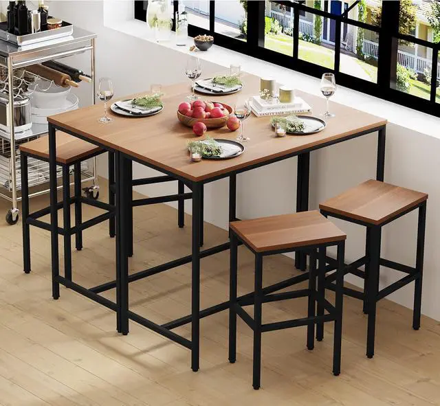Alt view image 4 of 6 - 3 Piece Bar Table Set, Bar Table and Chairs Set of 2, Modern Counter Height Table with 2 Stools for Kitchen, Dining Room, Living Room Breakfast Table Industrial Brown Wood Top