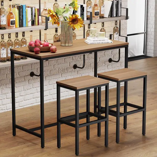Alt view image 5 of 6 - 3 Piece Bar Table Set, Bar Table and Chairs Set of 2, Modern Counter Height Table with 2 Stools for Kitchen, Dining Room, Living Room Breakfast Table Industrial Brown Wood Top