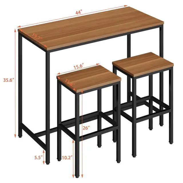 Alt view image 6 of 6 - 3 Piece Bar Table Set, Bar Table and Chairs Set of 2, Modern Counter Height Table with 2 Stools for Kitchen, Dining Room, Living Room Breakfast Table Industrial Brown Wood Top