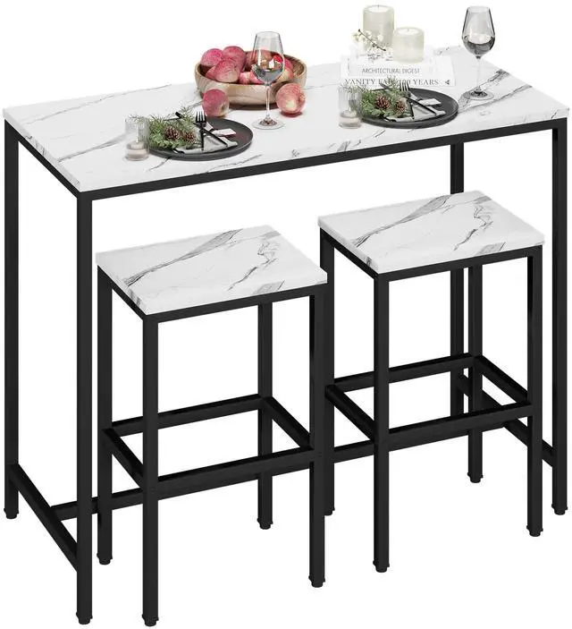 Main image of 3 Piece Bar Table Set, White Bar Table and Chairs Set for 2, Modern Counter Height Bar Table with 2 Stools for Kitchen, Dining Room High Top Breakfast Table Faux Marble Wood Top