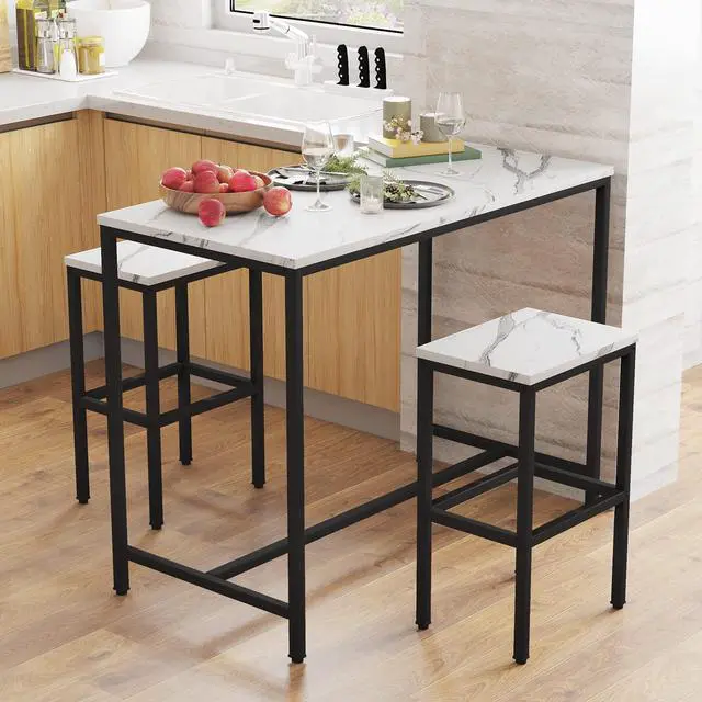 Alt view image 2 of 6 - 3 Piece Bar Table Set, White Bar Table and Chairs Set for 2, Modern Counter Height Bar Table with 2 Stools for Kitchen, Dining Room High Top Breakfast Table Faux Marble Wood Top