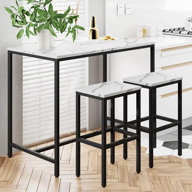 Alt view image 3 of 6 - 3 Piece Bar Table Set, White Bar Table and Chairs Set for 2, Modern Counter Height Bar Table with 2 Stools for Kitchen, Dining Room High Top Breakfast Table Faux Marble Wood Top
