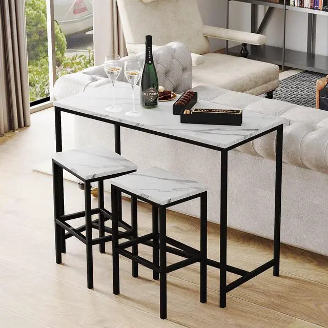 Alt view image 4 of 6 - 3 Piece Bar Table Set, White Bar Table and Chairs Set for 2, Modern Counter Height Bar Table with 2 Stools for Kitchen, Dining Room High Top Breakfast Table Faux Marble Wood Top