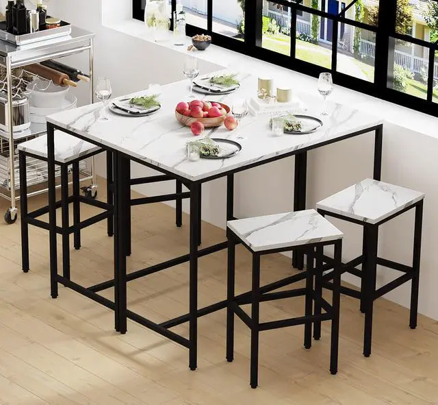 Alt view image 5 of 6 - 3 Piece Bar Table Set, White Bar Table and Chairs Set for 2, Modern Counter Height Bar Table with 2 Stools for Kitchen, Dining Room High Top Breakfast Table Faux Marble Wood Top