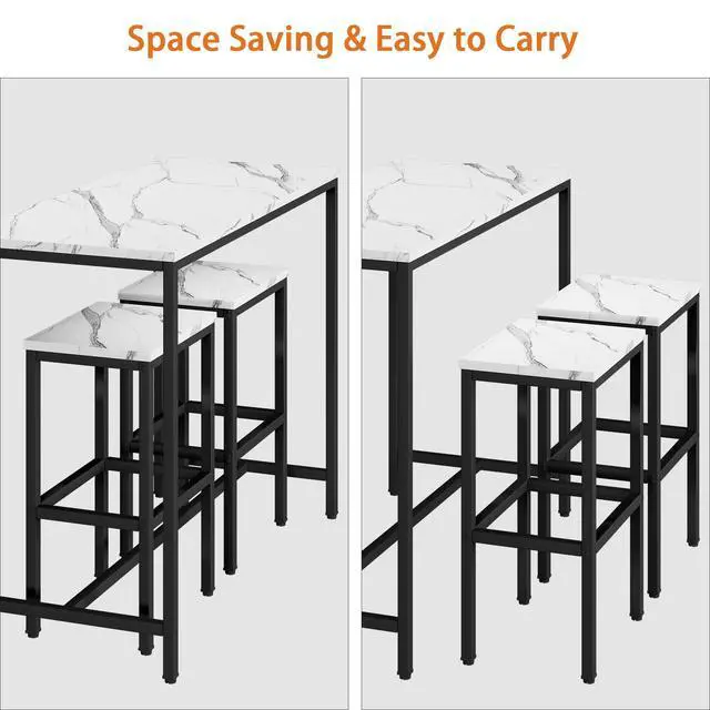 Alt view image 6 of 6 - 3 Piece Bar Table Set, White Bar Table and Chairs Set for 2, Modern Counter Height Bar Table with 2 Stools for Kitchen, Dining Room High Top Breakfast Table Faux Marble Wood Top