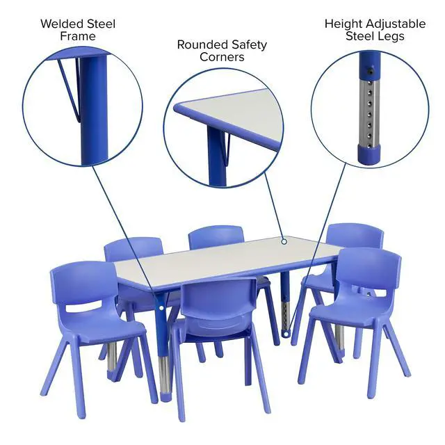 Alt view image 3 of 6 - 23.625" W x 47.25" L Blue Plastic Activity Table Set-6 Chairs