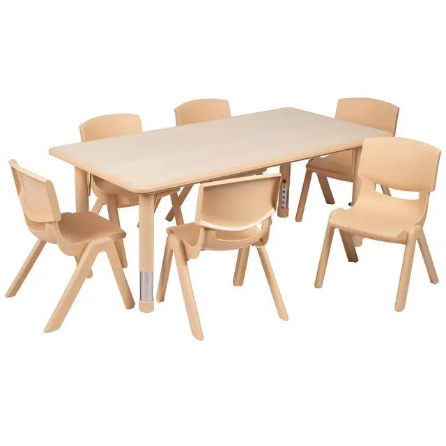 Alt view image 2 of 6 - 23.625" W x 47.25" L Rectangle Natural Plastic Activity Table Set with 6 Chairs