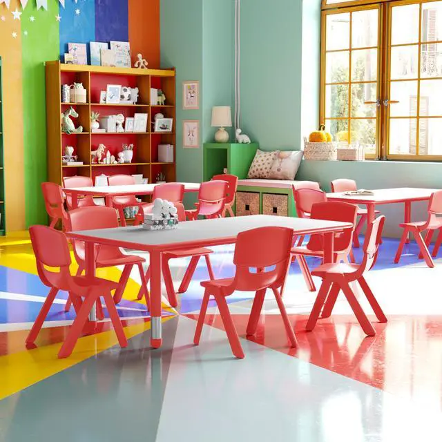 Main image of 23.625" W x 47.25" L Red Plastic Activity Table Set-6 Chairs