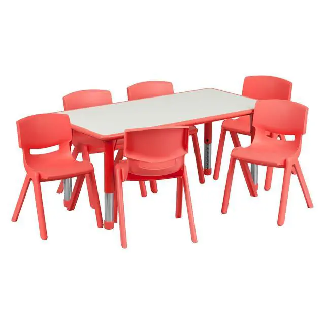 Alt view image 2 of 6 - 23.625" W x 47.25" L Red Plastic Activity Table Set-6 Chairs