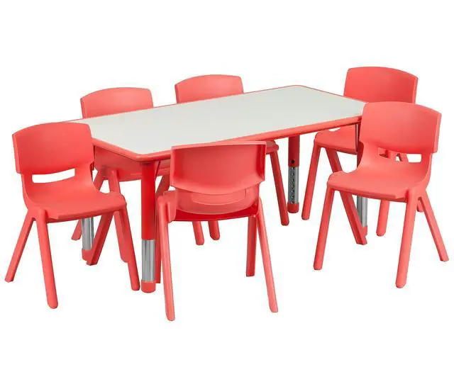 Alt view image 4 of 6 - 23.625" W x 47.25" L Red Plastic Activity Table Set-6 Chairs