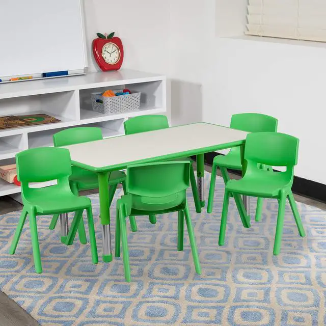 Main image of 23.625" W x 47.25" L Green Plastic Activity Table Set-6 Chairs