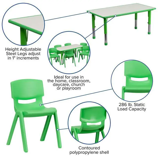 Alt view image 3 of 6 - 23.625" W x 47.25" L Green Plastic Activity Table Set-6 Chairs