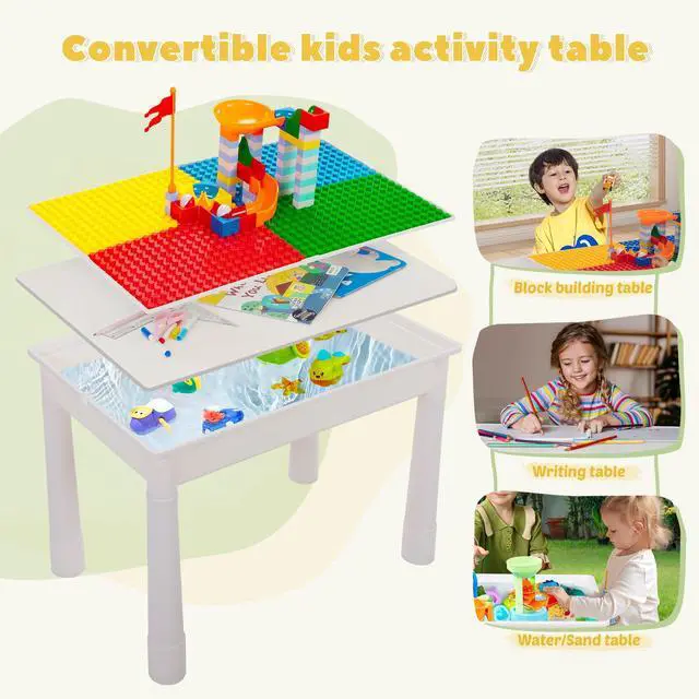 Alt view image 4 of 6 - 7 - in - 1 Kids Activity Table Set with 2 Chairs & 100Pcs Blocks | Water/Sand Play Table for Toddler Age 3-6 (Primary)