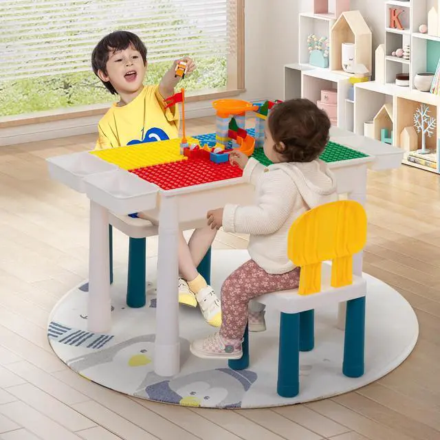 Alt view image 6 of 6 - 7 - in - 1 Kids Activity Table Set with 2 Chairs & 100Pcs Blocks | Water/Sand Play Table for Toddler Age 3-6 (Primary)