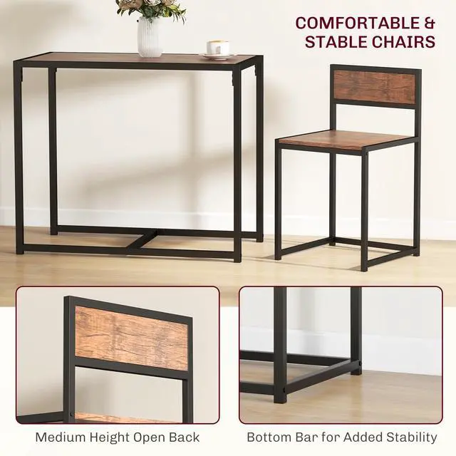 Alt view image 5 of 6 - Small Dining Table Set for 2, Kitchen Table and Chairs Set, Compact Dining Sets for Small Spaces, Rustic Brown