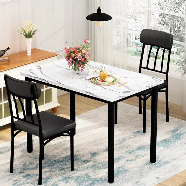 Alt view image 2 of 6 - 3 Piece Dining Table Set for 2, Small Industrial Kitchen Table and 2 Chairs, Breakfast Dining Table Set, Kitchen Table Set for Dining Room, Living Room, Apartment, Small Space, White Black