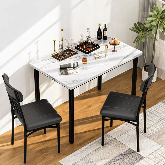 Alt view image 6 of 6 - 3 Piece Dining Table Set for 2, Small Industrial Kitchen Table and 2 Chairs, Breakfast Dining Table Set, Kitchen Table Set for Dining Room, Living Room, Apartment, Small Space, White Black