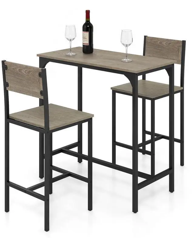 Main image of 3-Piece Bar Table and Chair Set with 2 Counter Height Bar Stools, Breakfast Nook Table Set for Small Space, Dinette, Pub, Kitchen, Apartment, Restaurant, Dining Table Set for 2 (Grey)
