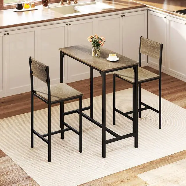 Alt view image 2 of 6 - 3-Piece Bar Table and Chair Set with 2 Counter Height Bar Stools, Breakfast Nook Table Set for Small Space, Dinette, Pub, Kitchen, Apartment, Restaurant, Dining Table Set for 2 (Grey)