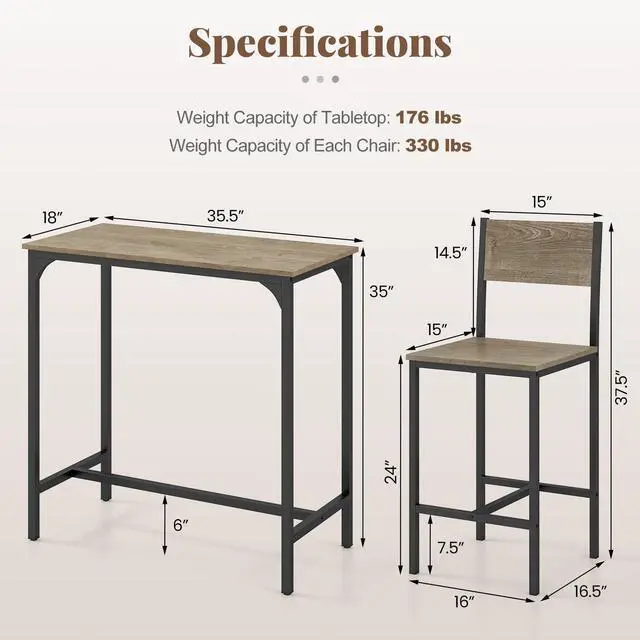 Alt view image 3 of 6 - 3-Piece Bar Table and Chair Set with 2 Counter Height Bar Stools, Breakfast Nook Table Set for Small Space, Dinette, Pub, Kitchen, Apartment, Restaurant, Dining Table Set for 2 (Grey)
